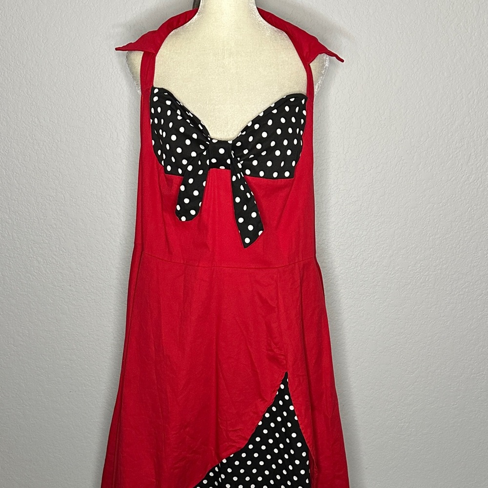 Red Halter Dress with Polka Dot Accents Retro Pinup Costume 4XL